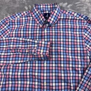 Johnnie O Shirt Men's Size M Sutton Button Up Blue Pink Check Plaid Long Sleeve